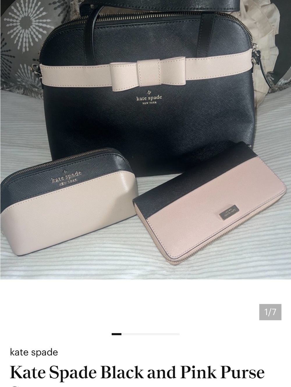 Kate Spade Black and Light Pink Leather Satchel Set with Wallet & Makeup Pouch